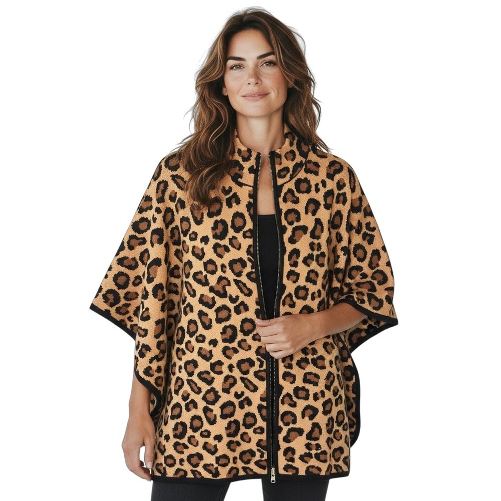 Tahari Leopard Print Knit Zip Front Cape Poncho Jacket S/M